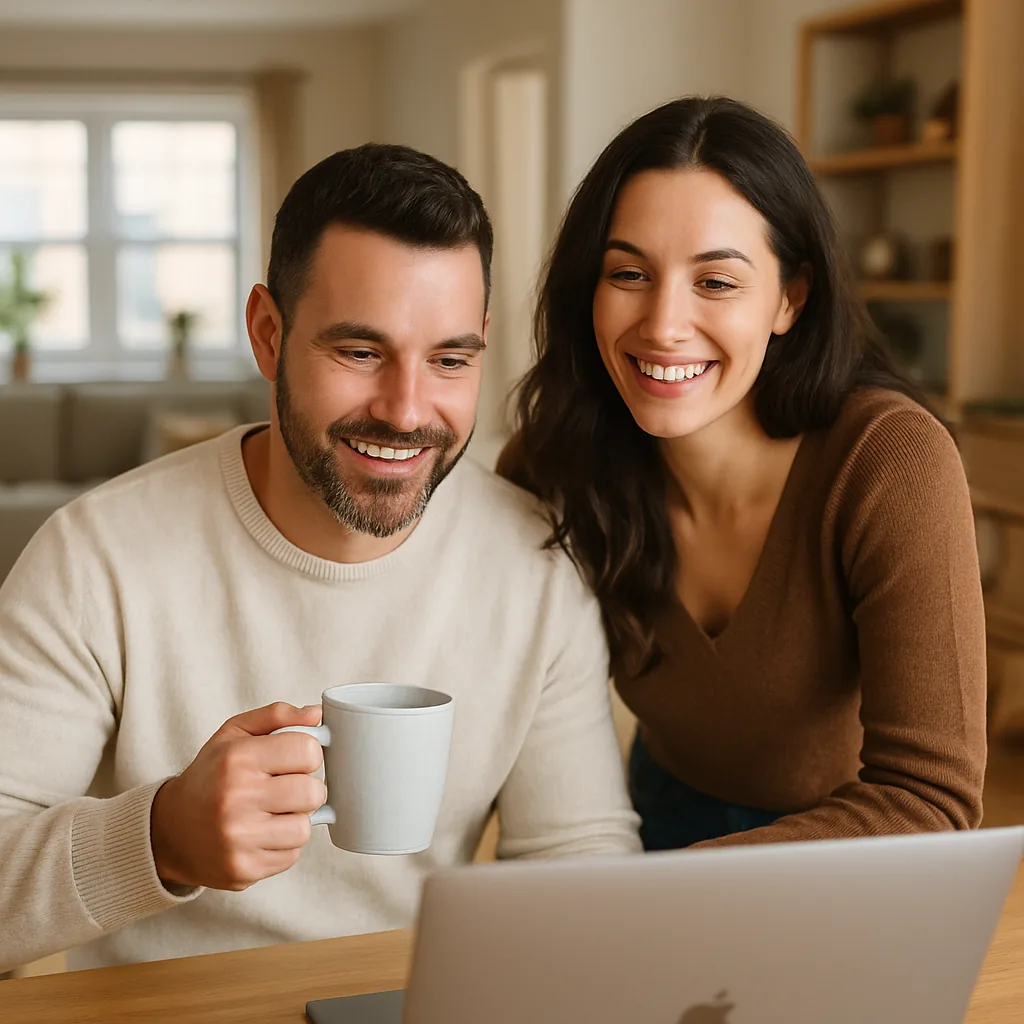 Couple comfortably reviewing their financing options together at a computer